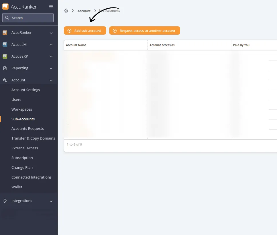 A screenshot from the AccuRanker platform of the Add sub-account button.
