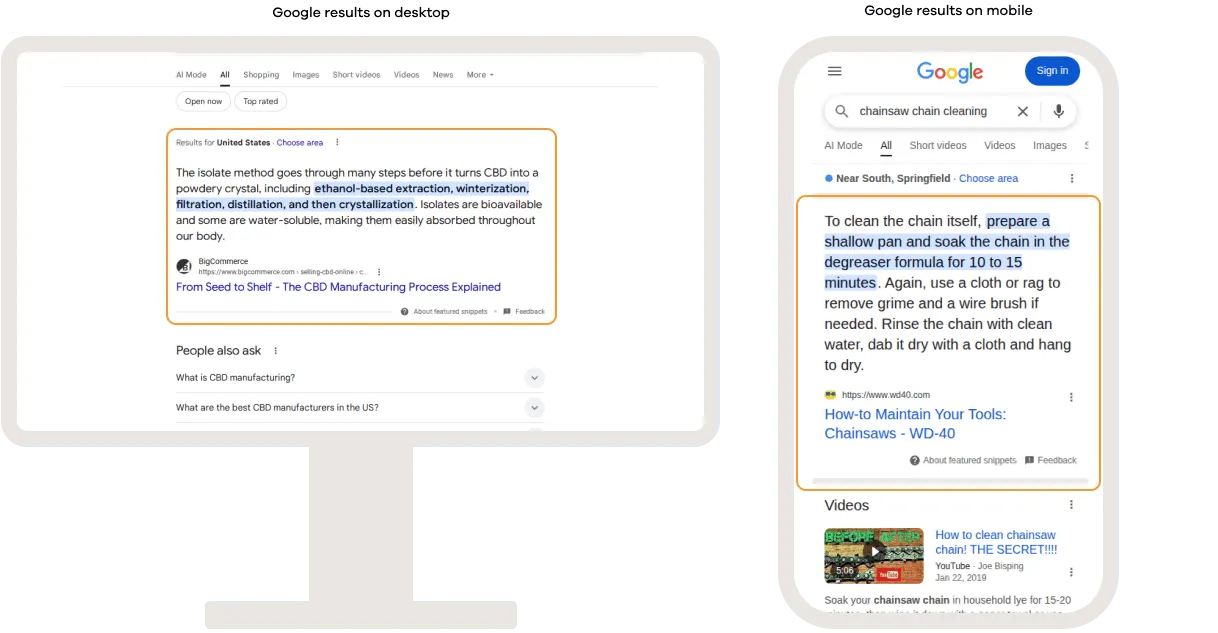 Google search results on desktop and mobile showing a featured snippet, with a highlighted excerpt from a webpage displayed prominently at the top of the results to directly answer the user’s query.