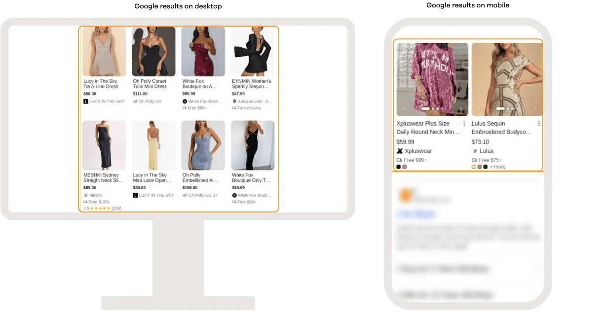 Google search results on desktop and mobile showing a product image pack, featuring shoppable product listings with images, prices, ratings, retailers, and availability information directly within the search results.