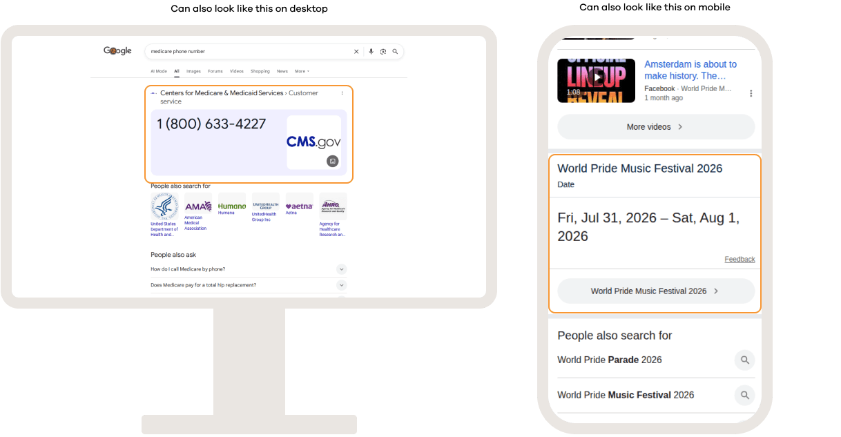 Google search results on desktop and mobile showing direct answer cards that provide immediate answers to user queries, such as phone numbers, dates, or key facts, directly within the search results.