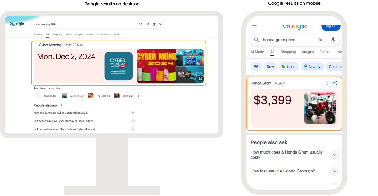 Google search results on desktop and mobile showing direct answer cards that display key information such as dates, prices, or facts directly in the search results without requiring users to visit a website.