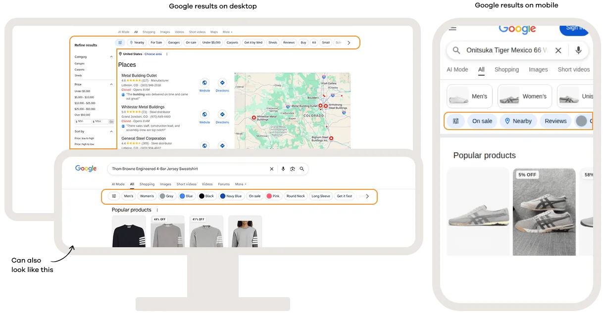Google search results on desktop and mobile showing filter chips that allow users to refine results by attributes such as category, location, color, price, reviews, availability, and other search-specific criteria.