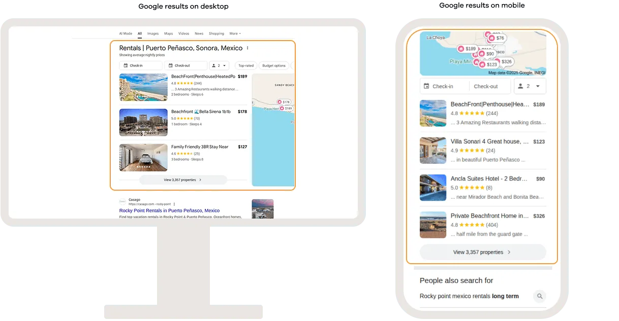 Google search results on desktop and mobile showing a hotel pack, featuring accommodation listings with prices, ratings, availability, filters, and a map of nearby properties directly within the search results.