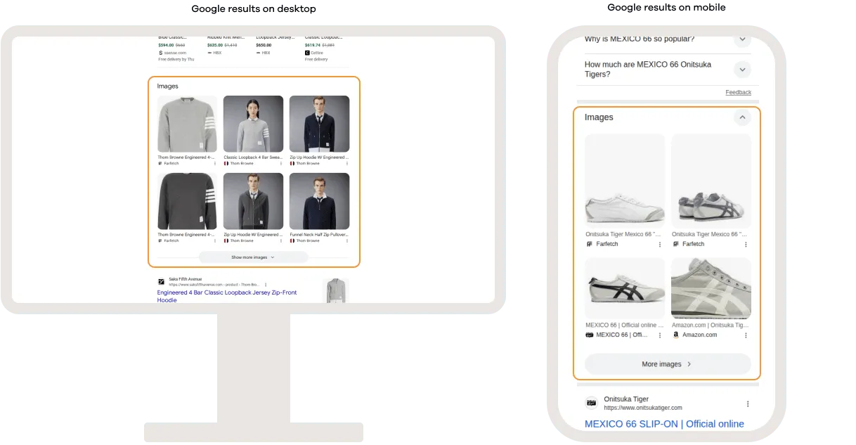 Google search results on desktop and mobile showing an image pack, featuring a grid of relevant images that users can browse directly from the search results page.