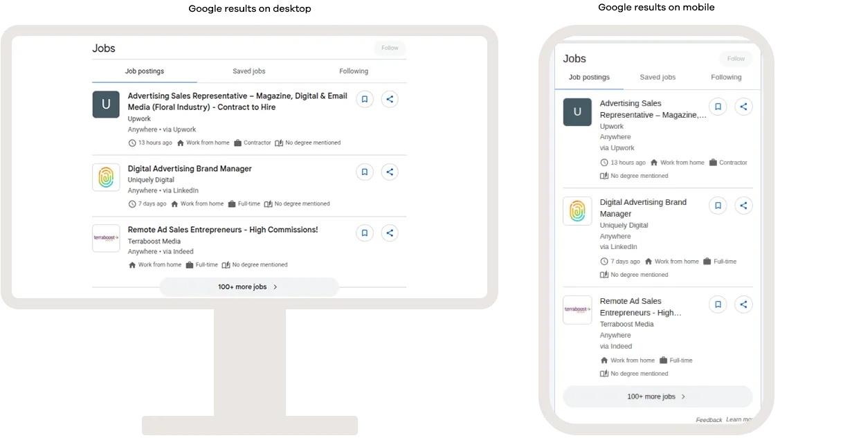 Google search results on desktop and mobile showing a Jobs SERP feature, displaying job postings with titles, employers, locations, employment details, and links to apply directly from the search results.