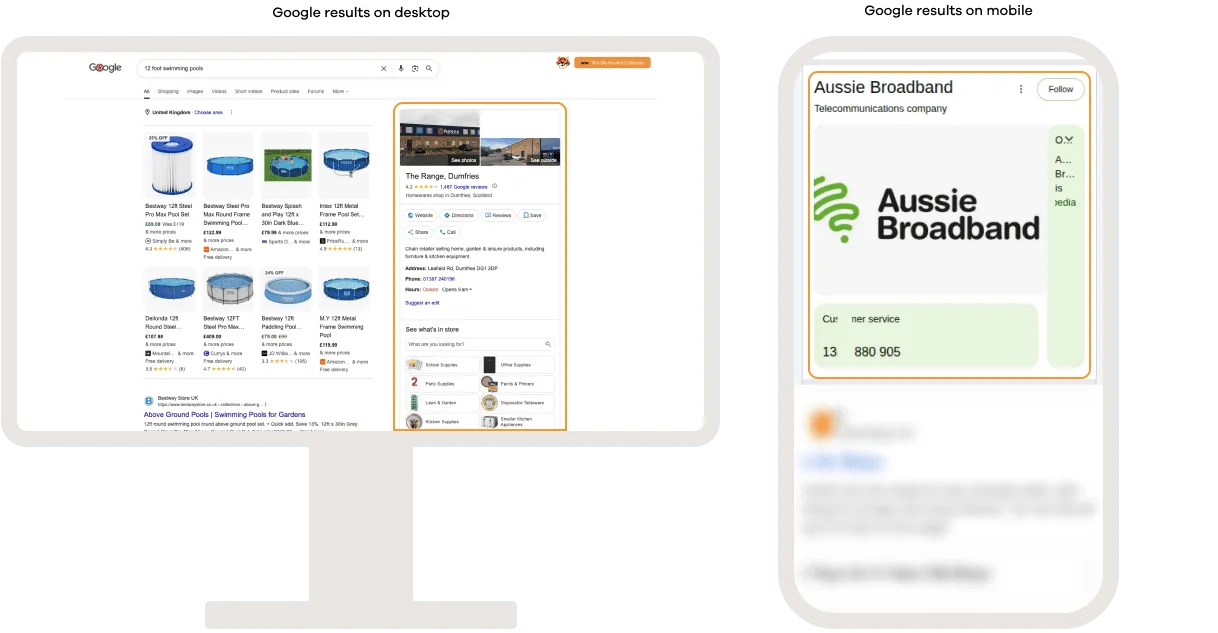 Google search results on desktop and mobile showing a knowledge panel, displaying key information about a business or entity, including branding, contact details, business information, images, and related actions directly within the search results.