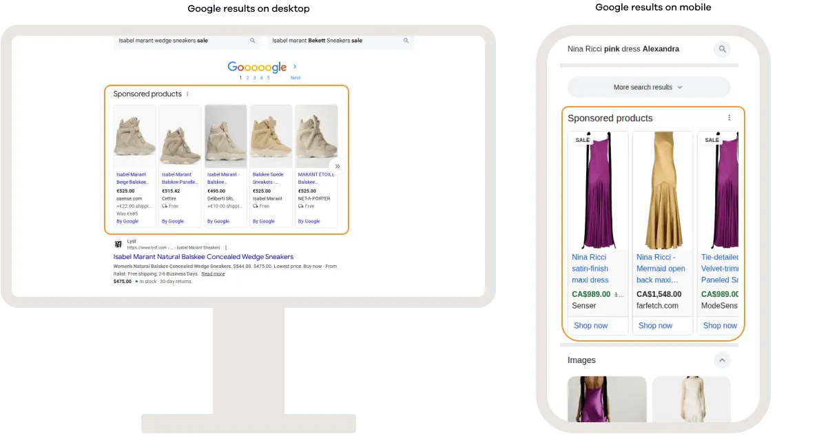 Google search results showing sponsored product listings on desktop and mobile, featuring product images, prices, retailers, and shopping links at the top of search results.