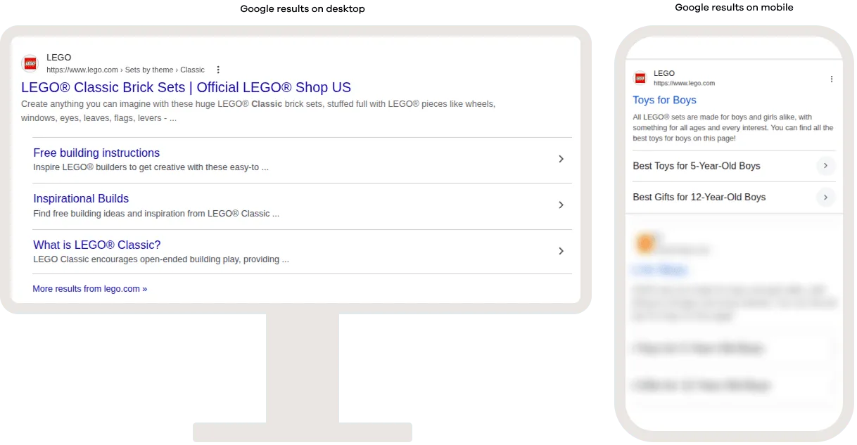Google search results on desktop and mobile showing sitelinks, with additional internal links displayed beneath the main search result to help users navigate directly to specific pages on the website.