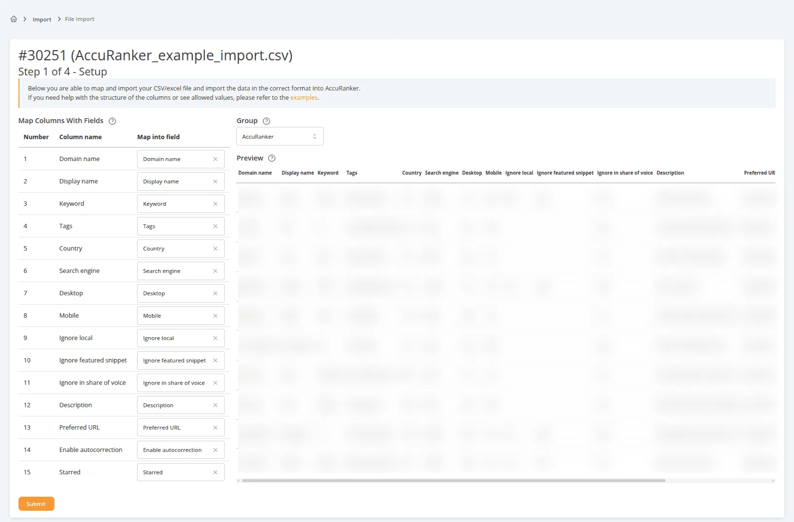 AccuRanker CSV import setup screen showing column mapping between imported file data and platform fields, with a preview table for validating keywords, domains, search engines, locations, tags, and tracking settings before import.