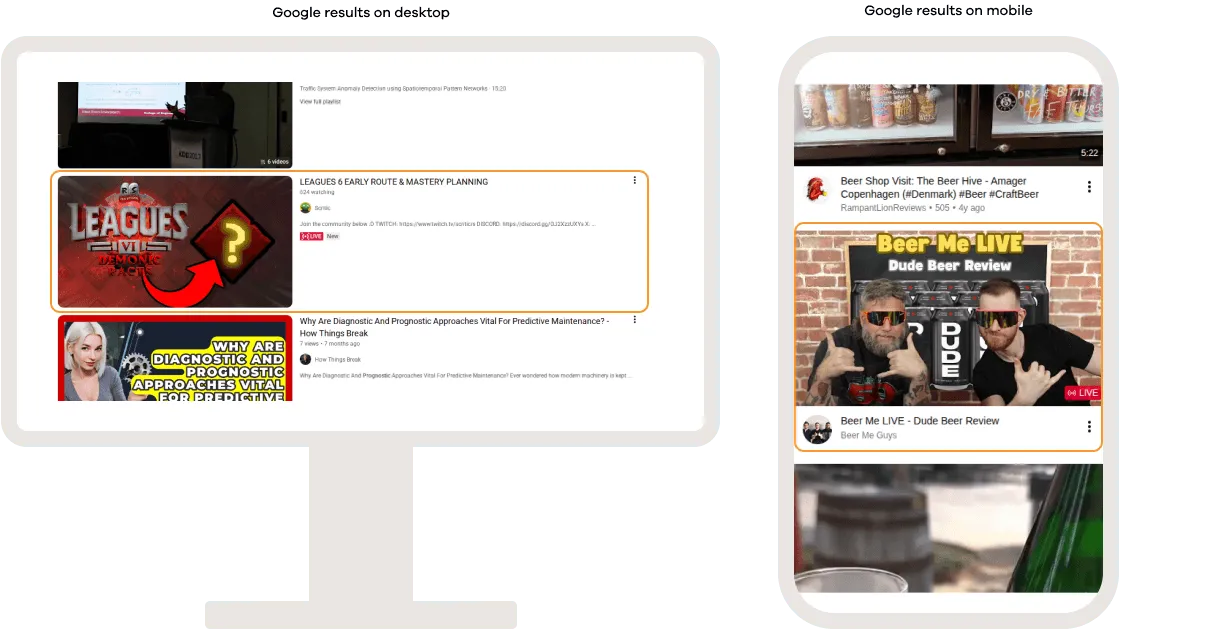 YouTube search results displaying live stream videos on desktop and mobile, highlighted with live badges, viewer counts, and real-time broadcasts prominently featured among video results.