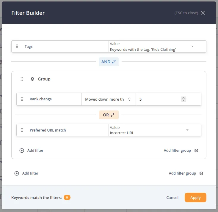 Filter Builder with nested AND/OR groups