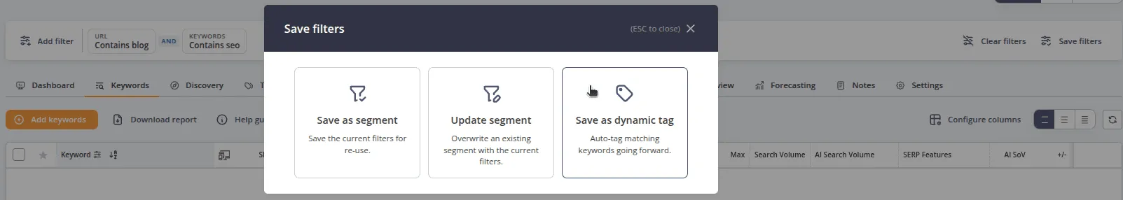 Save filters dialog with Save as dynamic tag selected