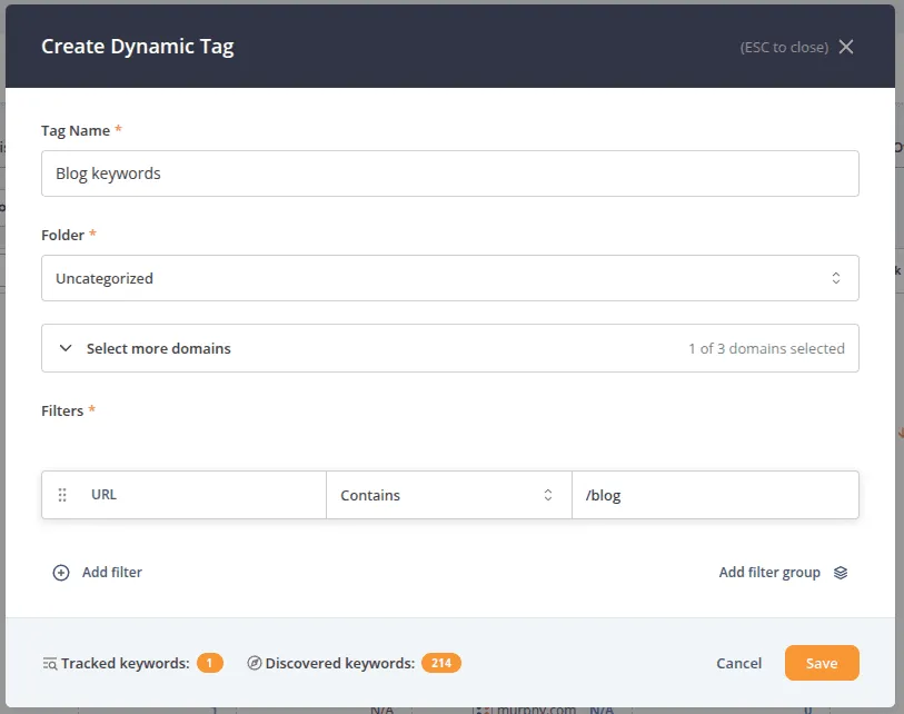 Create dynamic tag modal with a single filter