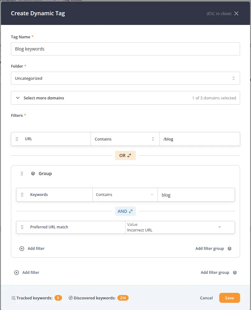 Create dynamic tag with nested AND/OR rule groups