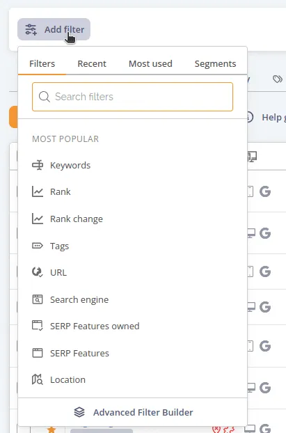 The Add filter popover, Filters tab