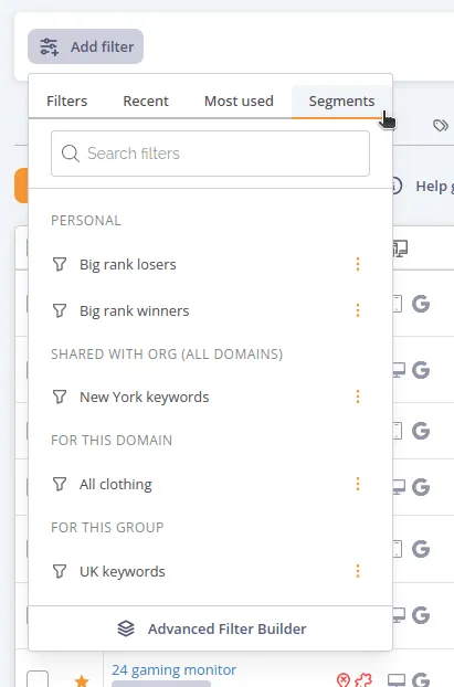The Segments tab in the Add filter popover