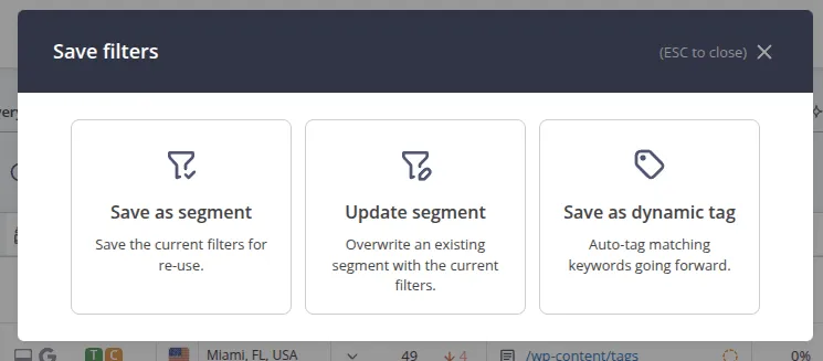 Save filters dialog: Save as segment, Update segment, and Save as dynamic tag