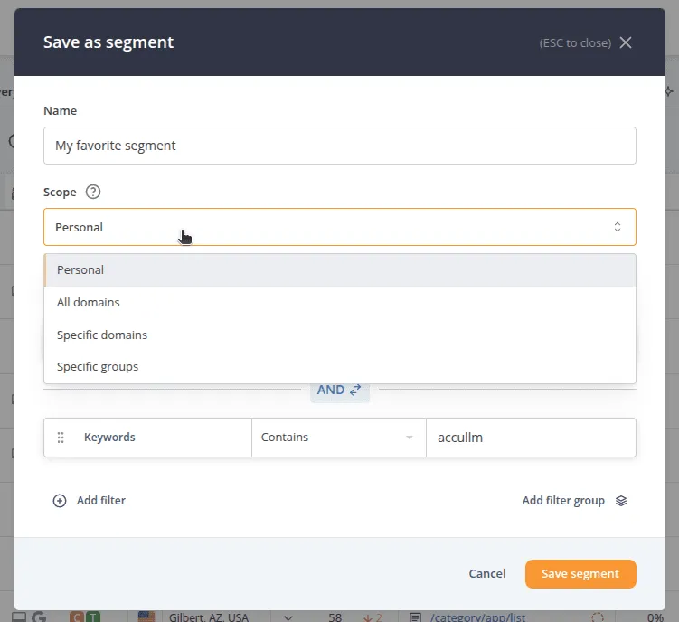 Save as segment with the Scope dropdown open