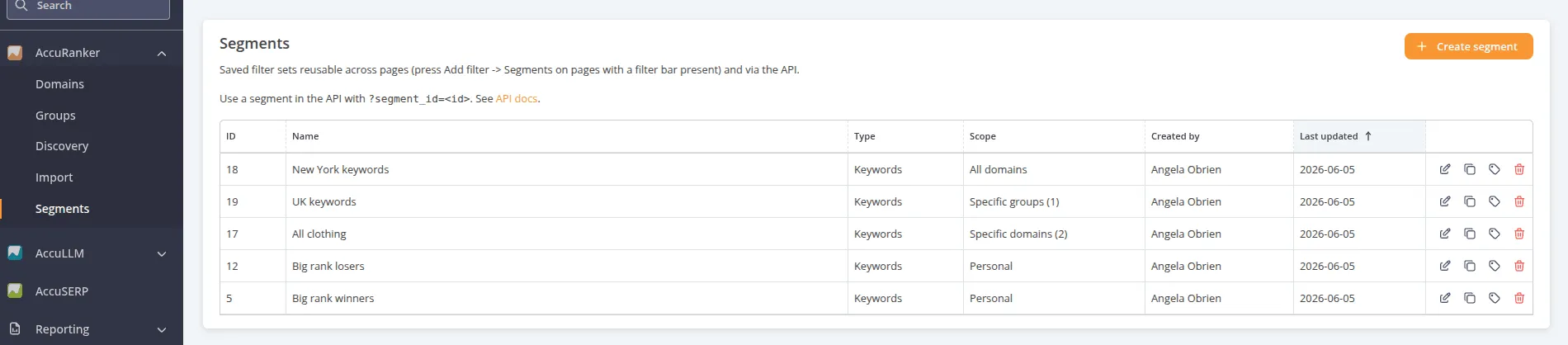 The Segments management page
