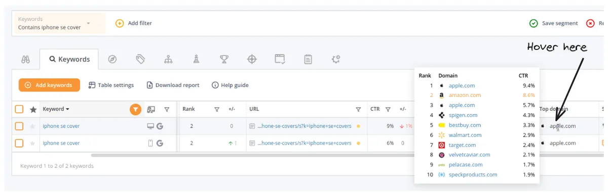 "Top domain" - new column introduced to the keyword list