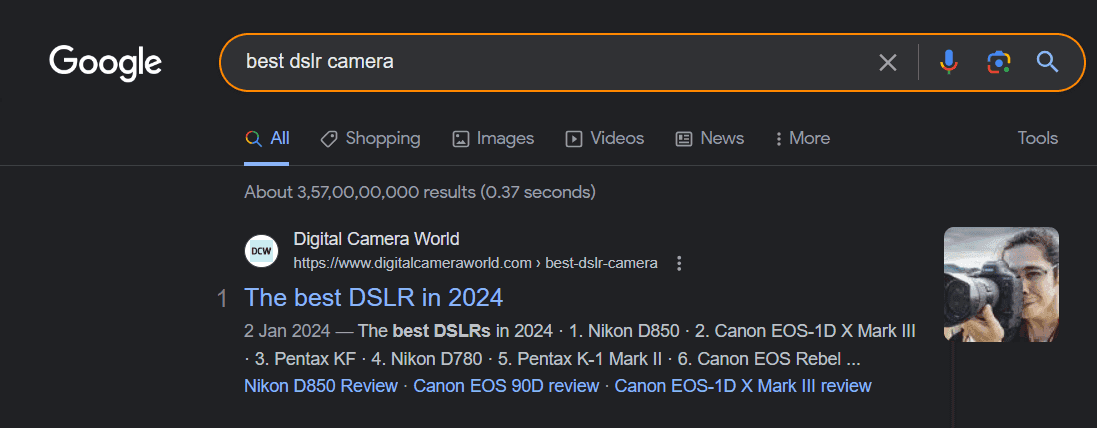 Google Search results - Best DSLR camera