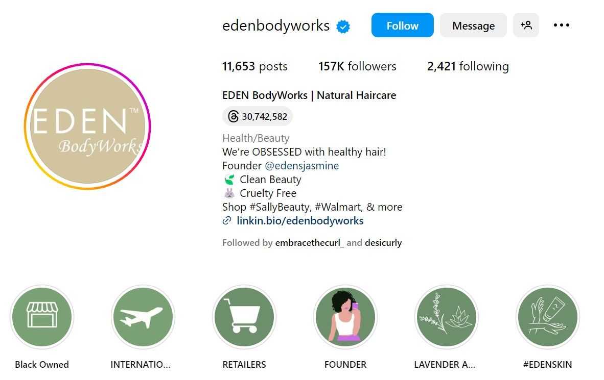 Instagram bio - Edenbodyworks