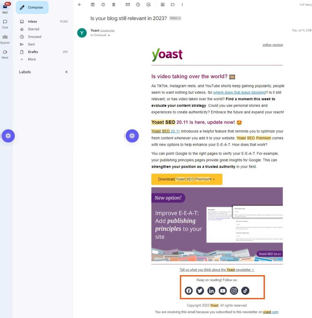 Linking to your social media pages - email sent by Yoast
